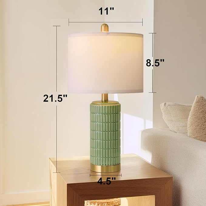 PoKat Bedside Table Lamps Set of 2 for Living Room with 2 USB Ports, 21.5'' Small Modern Nightstand Lamps for Bedroom, Ceramic Side Table Lamps with Gold Base for Office Entryway Decor Gift (Green)