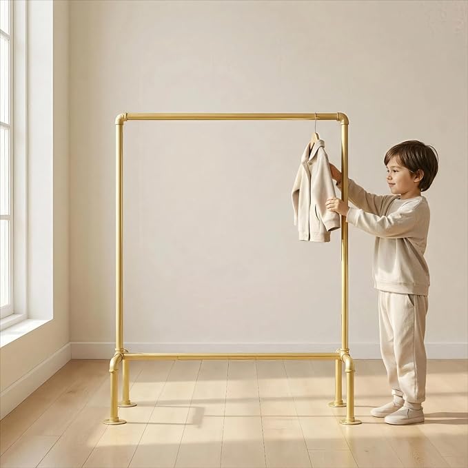 Kids Pipes Dress up Racks, Kids Clothing Racks, Child Garment Racks, Hanging Clothes Rod Storage Shelf Organizers Shelves Shelving, Gold Metal