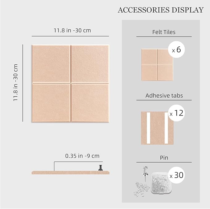 Large Felt Cork Board Alternative - 36" x 24" Bulletin Board with 30 Pushpins, 6 Pack Adhesive Cork Board, Sound Absorbing Fabric Wall Tiles, for Office Home Music Class, Cinnamon