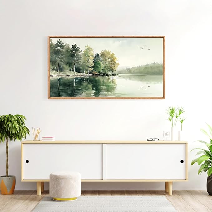 KAIRNE Framed Nature Canvas Wall Art Set,Misty Forest Wall Decor,Green Mountain Forest Pictures,Lake Water Painting set of 1(20”x40”),Landscape Scene Print for Living Room, Bedroom,Gallery Decor