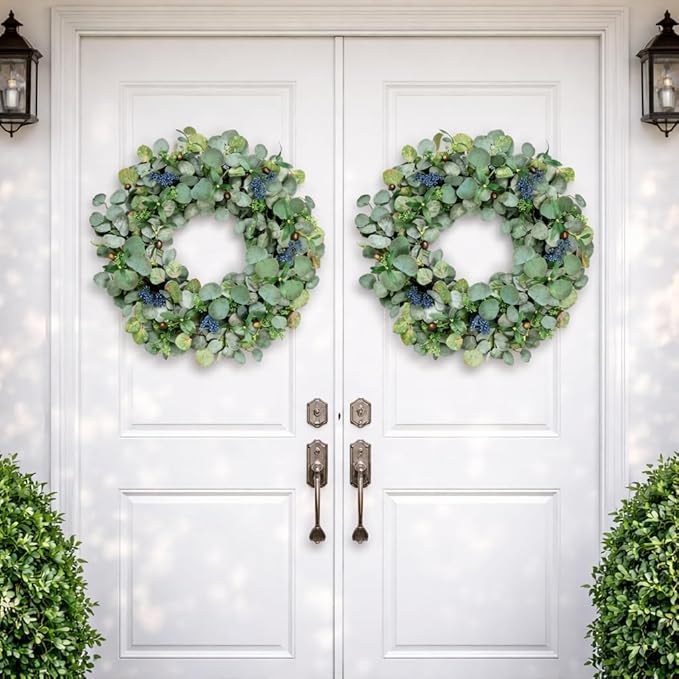 22 Inch Eucalyptus Wreath with Olive Leaves and Berries All Year Round, Handmade Green Spring Summer Wreaths for Front Door Indoor Outdoor Wedding Holiday