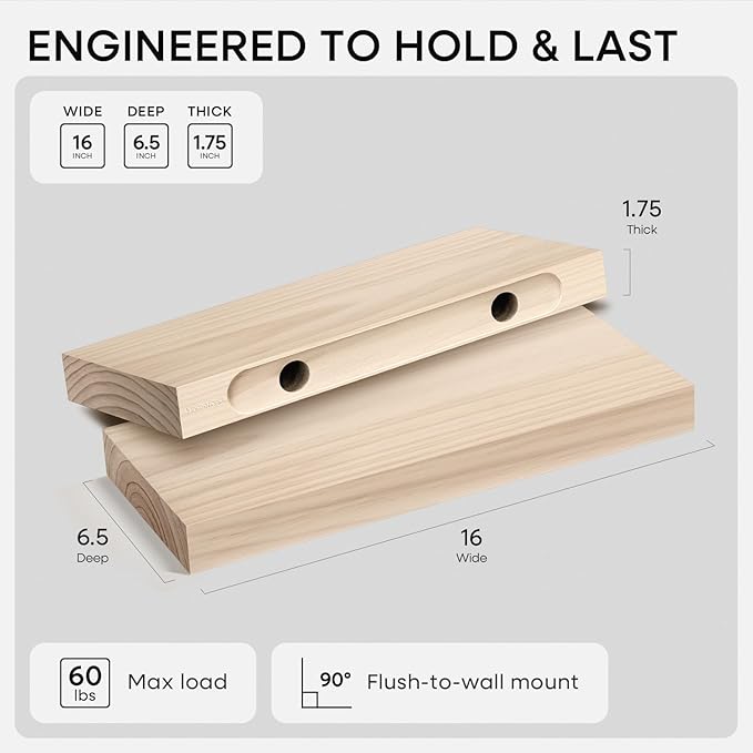 Homeforia Wood Floating Shelf 16 inch, High End Solid Natural Wood 16inch Floating Shelves for Wall Mounted, Unfinished Wooden Small Floating Shelves, Heavy Duty Bracket, 16 X 6.5 X 1.75 in, Set of 4