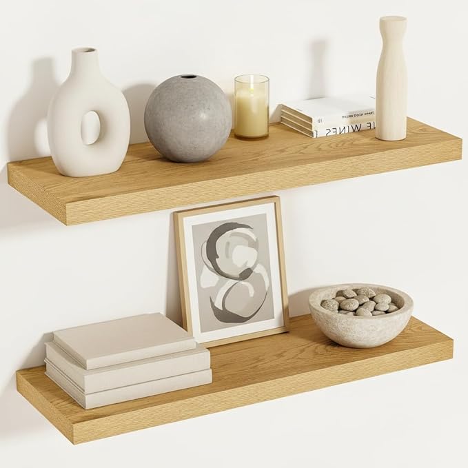 Vivelove 12 Inch Deep Floating Shelves 24 inch Long, Thick Wall Shelves with Invisible Brackets, for Bedroom Bathroom Living Room Kitchen Office, Rustic Farmhouse Decor, 23.6x12x1.5 Set of 2, Oak