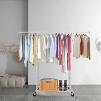 White Double Rod Garment Rack for Hanging Clothes, Rolling Clothes Organizer on Commercial Metal with Lockable Wheels Mobile Design for Coats Dresses
