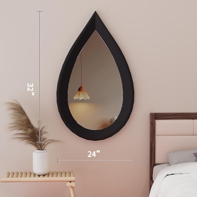 34" x 20" Irregular Wall Mirror, Black Wooden Framed Mirror, Asymmetrical Wall Mirror for Living Room Bedroom Bathroom Entryway, Small Modern Decorative Hanging Hook Style Mirror
