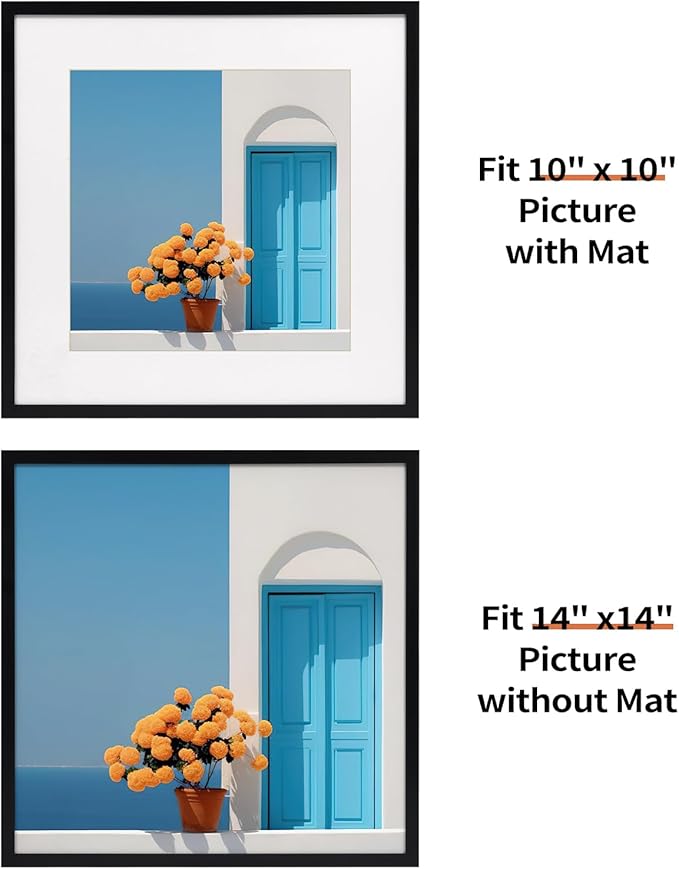 Rempry 14x14 Picture Frame, Display Pictures 10x10 with Mat or 14x14 Without Mat, Wall Hanging or Tabletop Photo Frame with Shatter Resistant Plexiglass, Black, 1 Pack