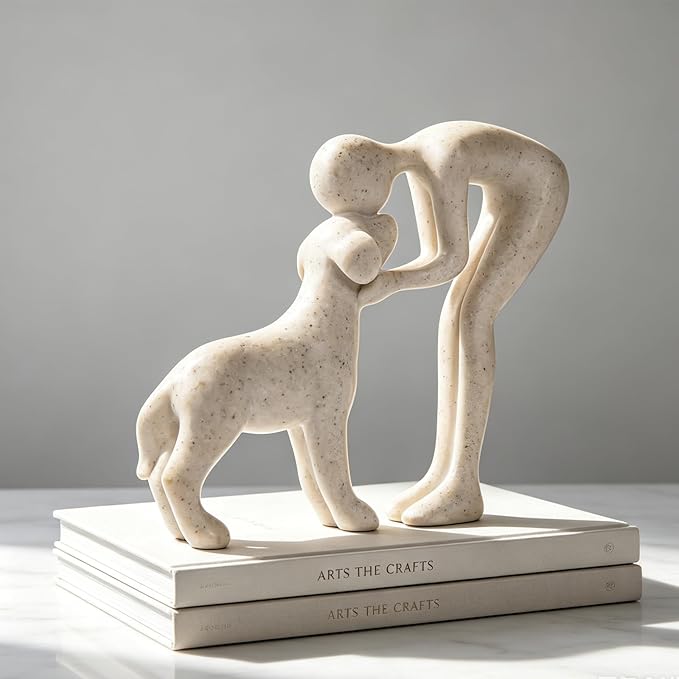Abstract Resin Hand-Painted Sculpture of Person and Dog Bonding – Head-to-Head Intimate Figurine Decoration for Office、Living Room、Bedroom、Home， Memory Gifts for Pet Lovers (Sandstone)