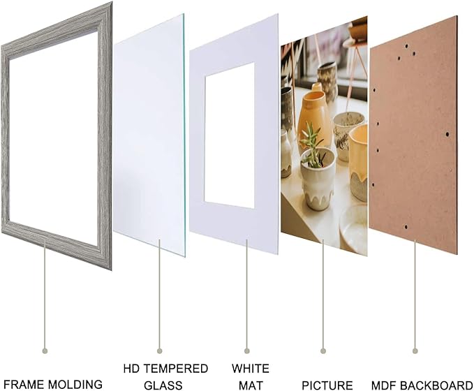 KTKDE 5x7 Picture Frames Gray Photo Frames with Real Glass for Picture 4x6 photo with Mat or 5x7 photo without Mat, Composite Wood Picture Frames for Table Top and Wall Mounting