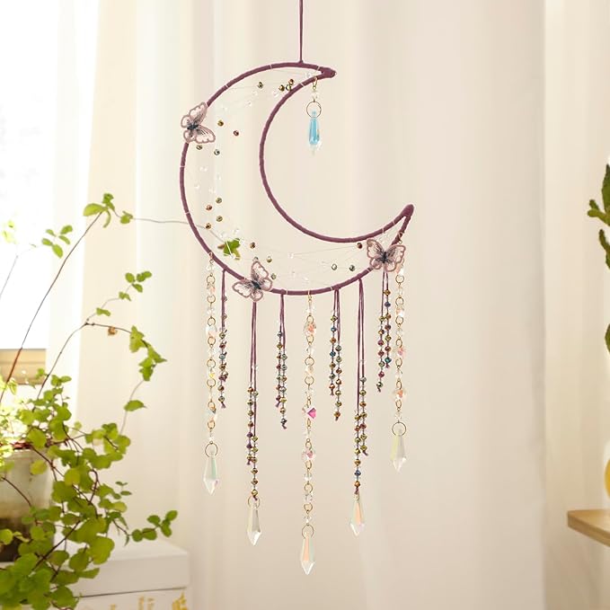 Artilady Butterfly Dream Catchers with Crystals - Large Boho Purple Moon Dream Catcher Wall Decor Home Decorations Girls Kids Baby Bedroom Room Decor Christmas Birthday Teen Girl Boys Gifts