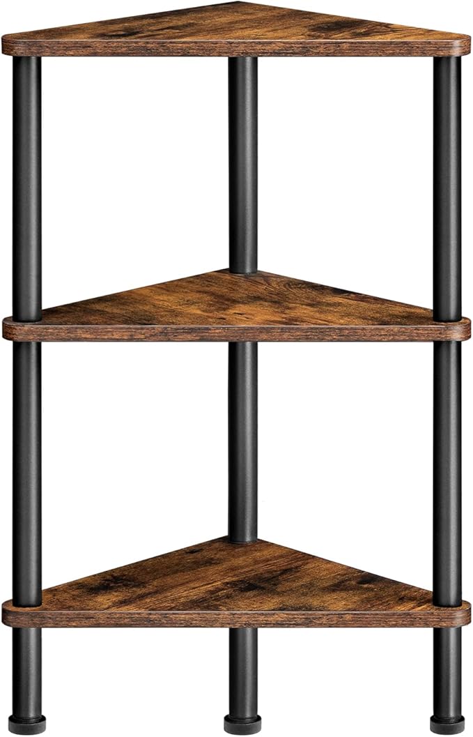 HOOBRO Corner Shelf Stand, Industrial 3-Tier Corner Bookshelf with Metal Frame, Plant Display Shelf, Small Bookcase for Small Spaces, Living Room, Rustic Brown and Black BF30CJ01