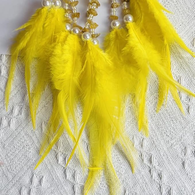 Small Dream Catcher for Car Handmade Boho Hanging Decor for Car Interior Rear View Mirror Feathers Dream Catchers Charms Ornament(Yellow)