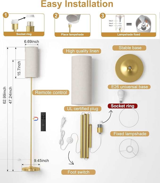 luckystyle LED Floor Lamp for Living Room, Dimmable Standing Lamps with Foot Switch,Remote Custom Color Temperature Gold Pole Lamp with Lampshade,12W Led Bulb Tall Lamps for Bedroom Office Kid Room