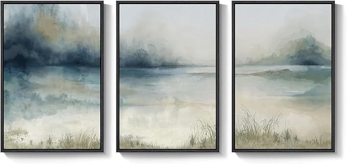 Large Framed Abstract Nature Landscape Wall Art for Living Room, 3 Piece Blue Watercolor Canvas Prints Paintings Artwork for Walls, Misty Lake Mountain Pictures for Hallway Office Wall Decor 24x36 In
