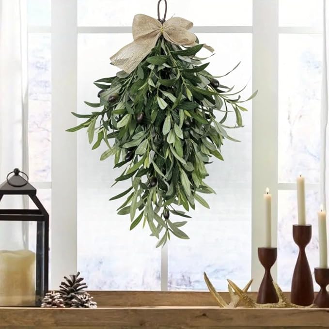Artificial Olive Branch Swag with Burlap Bow, Green Hanging Teardrop Wreath for Door, Window, Holiday Decor