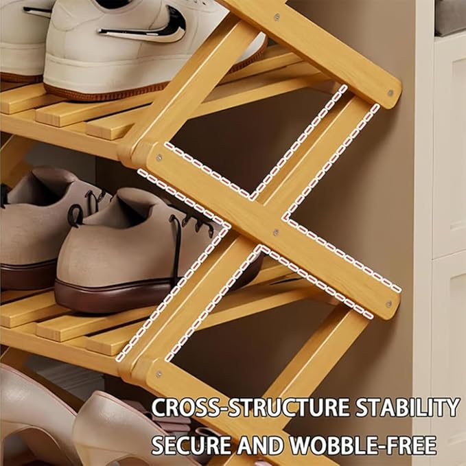 The 9-Tier No-Assembly Bamboo Rack, Foldable Stackable 9 Tier Bamboo Shoe Rack Vertical Storage Sturdy & Stable, Tall Narrow Space-Saving Expandable Shoe Rack for Entryway Closet Dorm (Brown,3 Tiers)