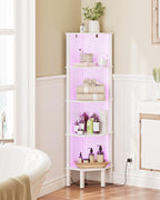 Corner Shelf Stand, 5 Tier Corner Bookshelf with Led Light,Corner Furniture for Bedroom Display Corner Shelf for Small Space,Wood Shelves with Storage Rack for Living Room,Office,White