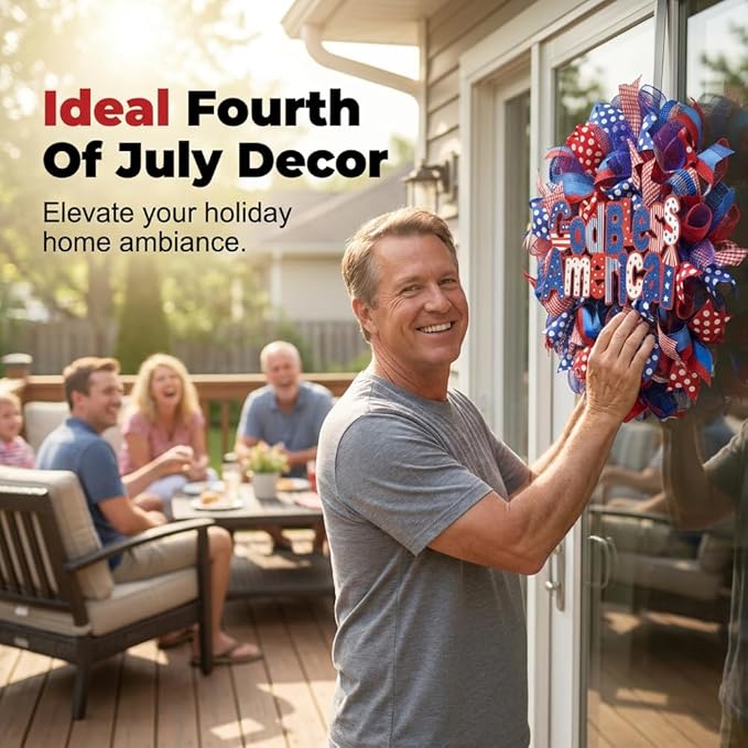 Patriotic Wreaths for Front Door, 250 Anniversary Decorations 4th of July Decorations Outdoor, Handcrafted Memorial Day Wreaths, Festival Celebration USA Flag Printed Wreath (H)