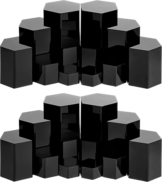Jetec 24 Pcs Hexagonal Jewelry Display Risers Hexagonal Market Display Risers Stands Acrylic Showcase Acrylic Stand for Jewelry Model Figures Decoration, 6 Sizes (Black)