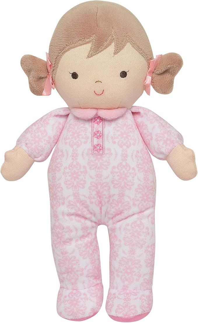 Little Me Plush 11 inch Baby Doll with Rattle, Brigitte (Floral Damask, Pink)