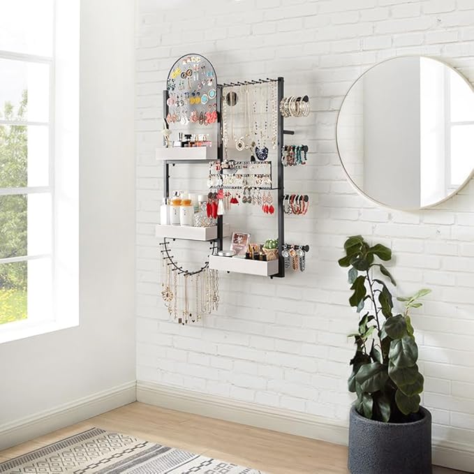 Keebofly Wall Mount Hanging Jewelry Organizer - Large Display Holder for Earrings, Rings, Necklaces, Bracelets, Watches and Perfume - White