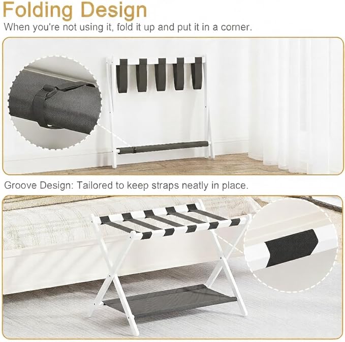 2 Pack Bamboo Luggage Rack for Guest Room, 26.77" Folding Wide Suitcase Stand with Fabric Storage Shelf, Thickened Luggage Stand Holder for Bedroom Hotel, Luggage Rack for Suitcases (2 Pack - White)
