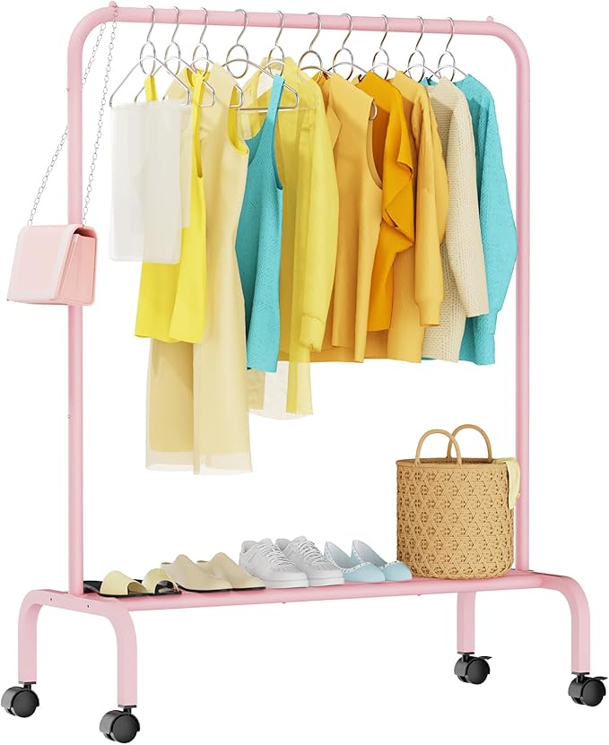 Rolling Clothing Racks for Hanging Clothes, Garment Rack for Clothes to Hang, Metal Portable Wardrobe Rack for Coats, Jackets, Shirts, Dress,Pink
