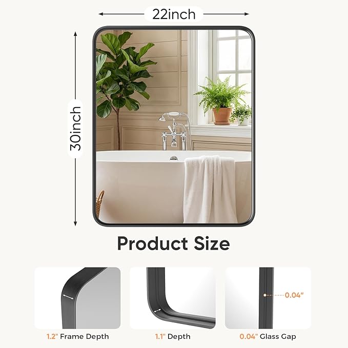 Sweetcrispy Bathroom Wall Mirror, 30x22 Inch Wall Mount Mirror for Over Sink, Modern Rounded Rectangle Vanity Mirrors with Matte Metal Framed, for Home Decor, Living Room, Bedroom, Black