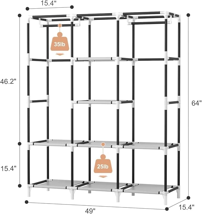 VTRIN Portable Closet, Large Capacity Portable Wardrobe with 2 Hanging Rods and 8 Storage Shelves, Sturdy Free Standing Closet Wardrobe for Hanging Clothes with Side Pockets, Black