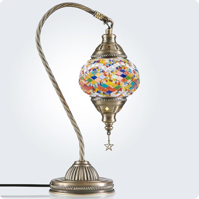 Yarra-Decor Turkish Moroccan Lamp with Bronze Base 3-Way Color Changing Handmade Swan Neck Tiffany Mosaic Glass Bedside Lamps for Bedroom (LED Bulb Included) (Colorful)