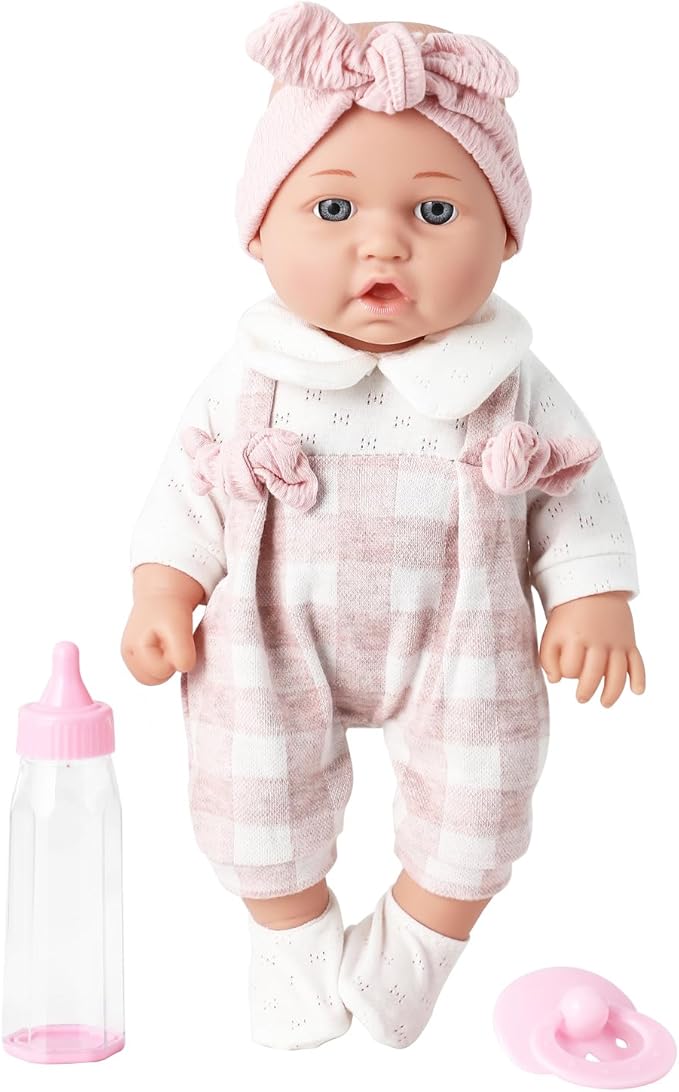 Enjoyin 12'' Baby Doll in Gift Box with Pink Cloths, Pacifier, 13''x13'' Microfabric Blanket, and Feeding Bottle. Gift Idea for Ages 3+