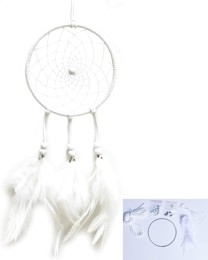 DIY Dream Catcher Beginner Kit, Making Dream Catcher Supplies Include Metal Hoop, Feathers, Faux Suede Cord, Thread, Wood Beads (White)