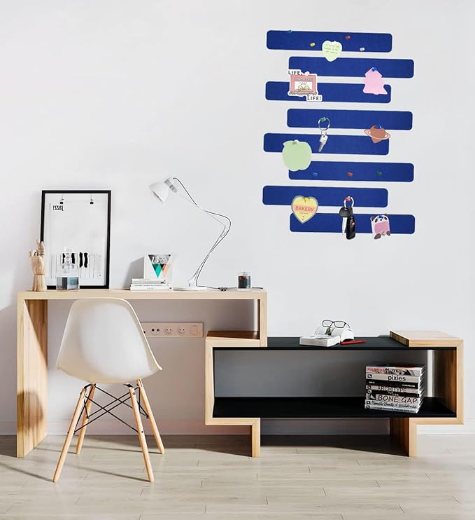 Vuzvuv 8 pcs Bulletin Board Bar Strips with 50 Pushpins & 10 Wooden Clip pins，Self Adhesive Cork Board for Wall，Felt Pin Board for School，Office Decor(Dark Blue)