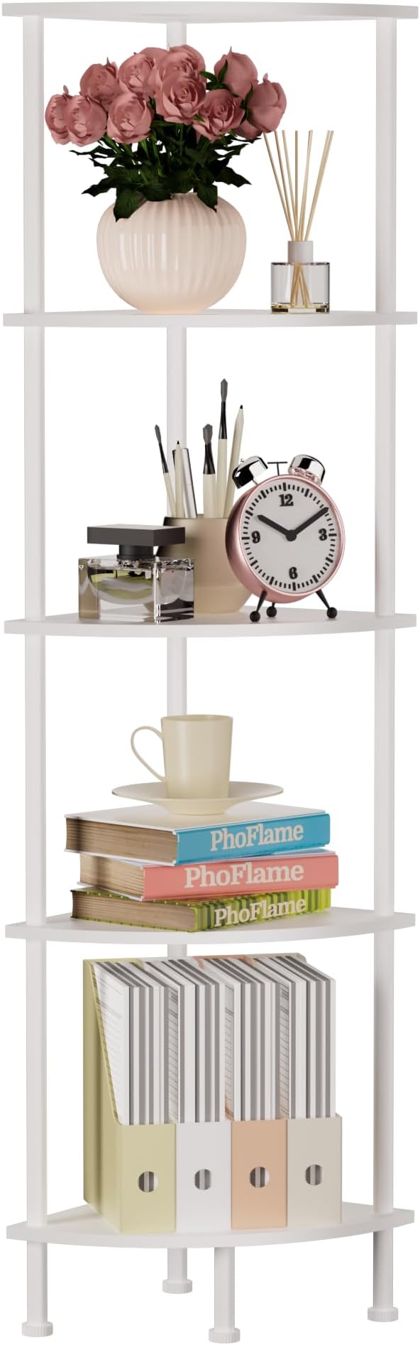 5-Tier Corner Shelf Stand, 52" Industrial Corner Display Rack for Living Room, Bookshelf, Tall Display Shelf, Plant Stand, Storage Standing Shelf for Bedroom, Bathroom, Kitchen, White