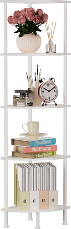 5-Tier Corner Shelf Stand, 52" Industrial Corner Display Rack for Living Room, Bookshelf, Tall Display Shelf, Plant Stand, Storage Standing Shelf for Bedroom, Bathroom, Kitchen, White