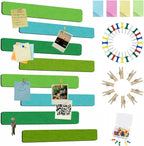 Vuzvuv 8 pcs Bulletin Board Bar Strips with 50 Pushpins & 10 Wooden Clip pins，Self Adhesive Cork Board for Wall，Felt Pin Board for School，Office Decor(Multi-Green)