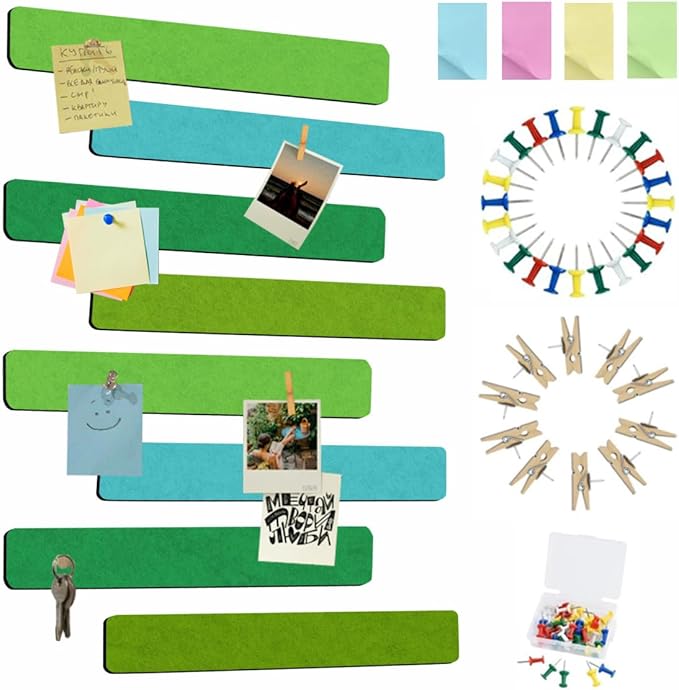 Vuzvuv 8 pcs Bulletin Board Bar Strips with 50 Pushpins & 10 Wooden Clip pins，Self Adhesive Cork Board for Wall，Felt Pin Board for School，Office Decor(Multi-Green)
