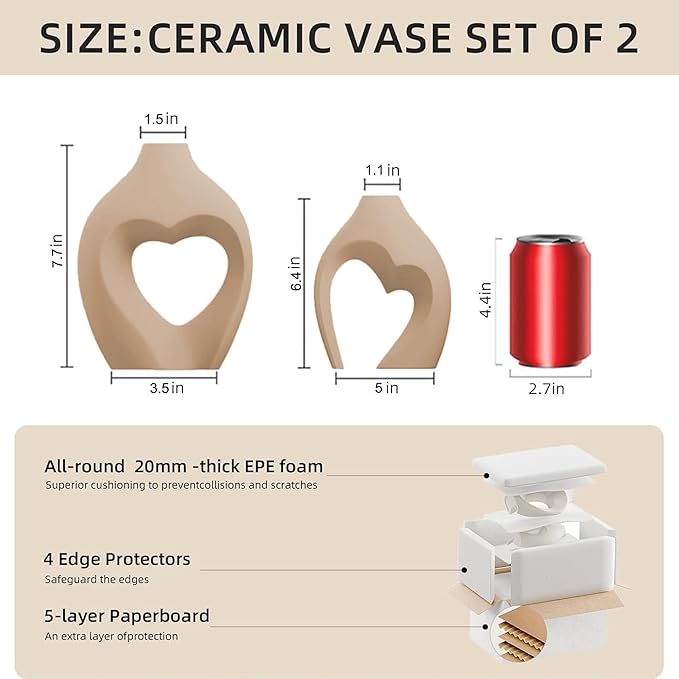 Brown Vases for Decor, Heart Shaped Ceramic Vase Set of 2, Nordic Heart Shaped Vases, Minimalist Decorative Vase for Table Centerpiece Wedding Dining Living Room Office House Decoration