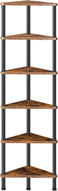 HOOBRO Corner Shelf Stand, Industrial 6-Tier Wall Corner Bookshelf with Metal Frame, Plant Display Shelf, Bookcase for Small Spaces, Bedroom, Living Room, Rustic Brown BF36CJ01