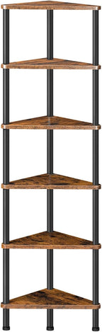 HOOBRO Corner Shelf Stand, Industrial 6-Tier Wall Corner Bookshelf with Metal Frame, Plant Display Shelf, Bookcase for Small Spaces, Bedroom, Living Room, Rustic Brown BF36CJ01
