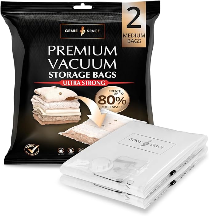 GENIE SPACE Premium Vacuum Storage Bags for Clothes, Bedding and Travel, Medium Size 27x20 Inches, Airtight, Odor-Proof and Reusable Space Saver Bags with Double Zipper Seal, 2-Pack
