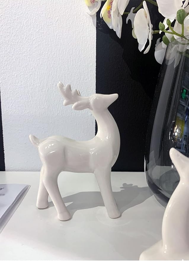 Porcelain Christmas Reindeer Figurines, Pack 2 Mini Animal Reindeer Decor Deer Statues Sculpture Tabletop Ornaments for Cabinet Mantel Shelves Fireplace Home Décor Accents Collectible Figurines