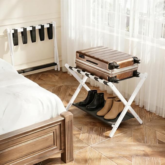 2 Pack Bamboo Luggage Rack for Guest Room, 26.77" Folding Wide Suitcase Stand with Fabric Storage Shelf, Thickened Luggage Stand Holder for Bedroom Hotel, Luggage Rack for Suitcases (2 Pack - White)