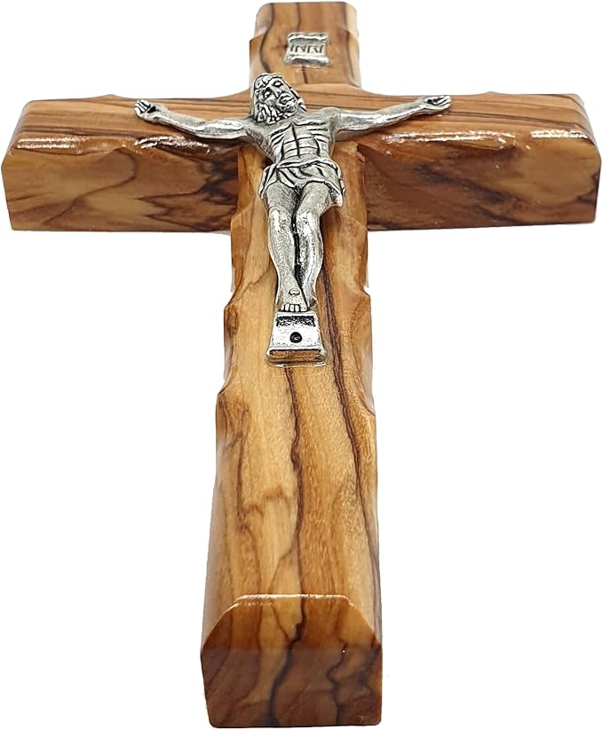 Zuluf 6.3" Olive Wood Catholic Cross with Silver Plated Crucifix Christian Gift from Holy Land Bethlehem CRS065
