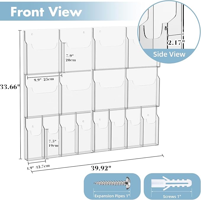 Acrylic Brochure Pamphlet Holder, 8 Magazine Holders and 8 Pamphlet Holders, Clear Brochure Display Holder Wall Mount, Trifold Flyer Rack, Literature Storage Rack for Home, Offices, Waiting Room