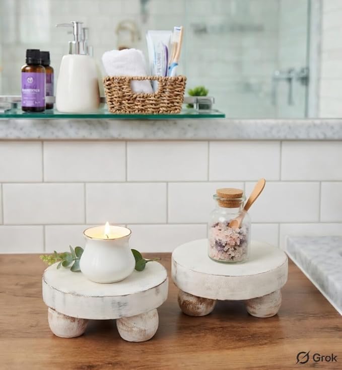 Housewarming Gifts Set of 2 Wood Display Stand Home Decor Display Risers Round Pedestal Bathroom Accessory Holder Plant Holder Table Top Kitchen Multi Purpose Organiser Set