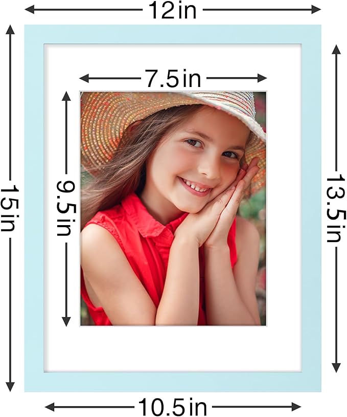 Vittanly 11x14 Picture Frames Set of 9, Shatter Resistant Plexiglass, Display 8x10 Pictures with Mat or 11x14 without Mat, Photo Frames for Wall or Tabletop, Engineered Wood, Light Blue