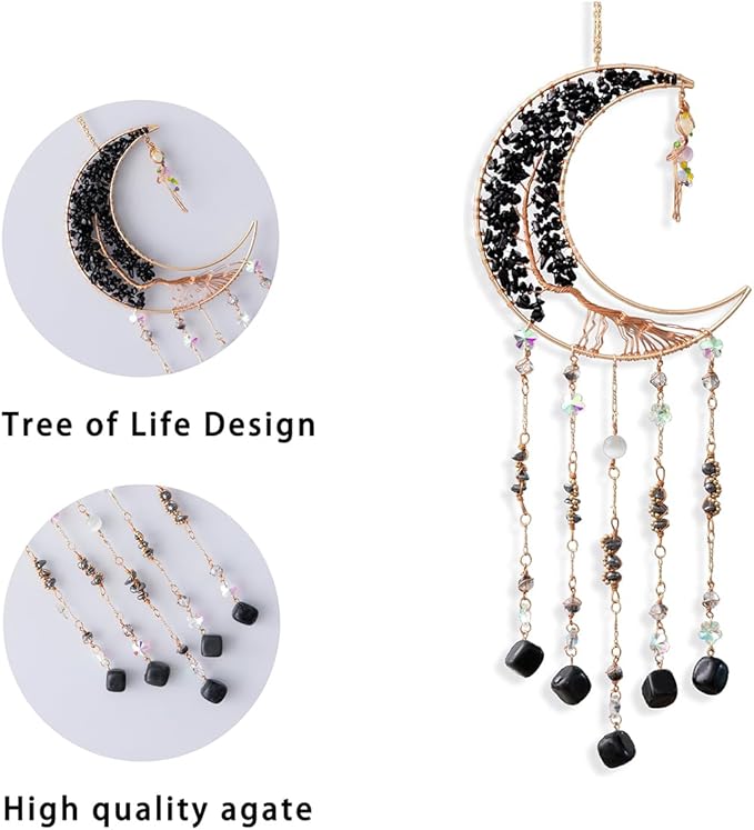 Agate Moon Dream Catchers with Crystal 7 Chakra Gemstone Dream Catchers Color Natural Gem Agate Wall Hangings Room Garden Dreamcatchers Decor (Black)