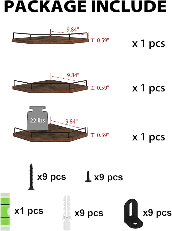 HORLIMER Floating Corner Shelf Wall Mount, 3 Pack Rustic Wood Corner Wall Shelves with Fence for Bedroom, Bathroom, Kitchen, Living Room, Brown