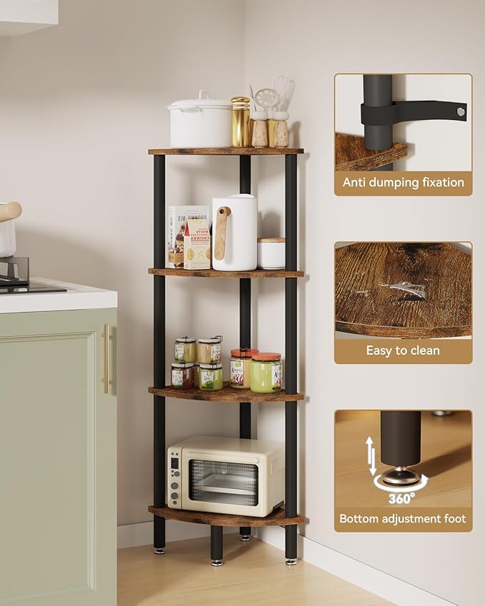 IBUYKE 4 Tier Corner Shelf Stand,Industrial Corner Display Rack,Corner Bookshelf for Living Room, Bedroom, Kitchen, Home Office, Brown WBC014H