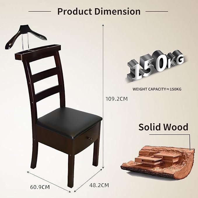 Wooden Suit Valet Stand with Drawer Suit Valet Stands for Men Freestanding Clothes Valet Stand with Trouser Bar and Tie Bar